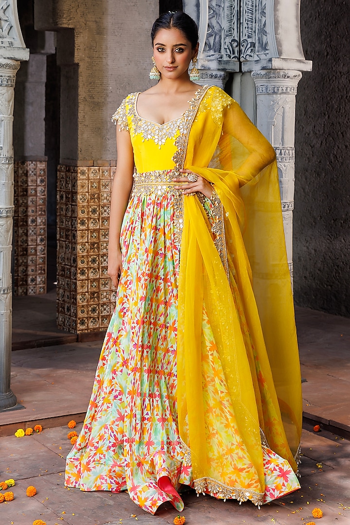 Yellow Crepe Printed & Hand Embroidered Anarkali Set by Elena Singh