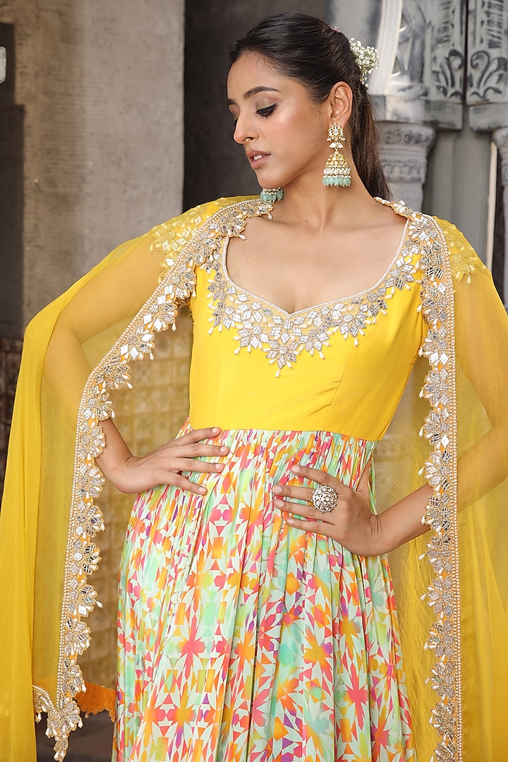 Yellow Crepe Printed & Hand Embroidered Wedding Anarkali Set by Elena Singh at Pernia's Pop Up Shop
