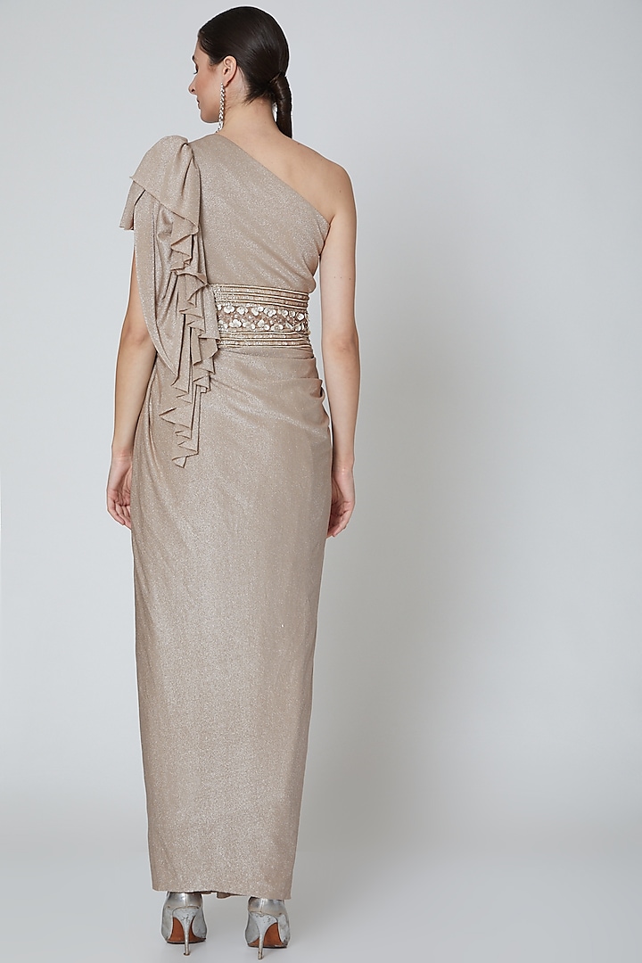 Silver Embellished Draped Party Wear Gown by Elena Singh at Pernia's Pop Up Shop