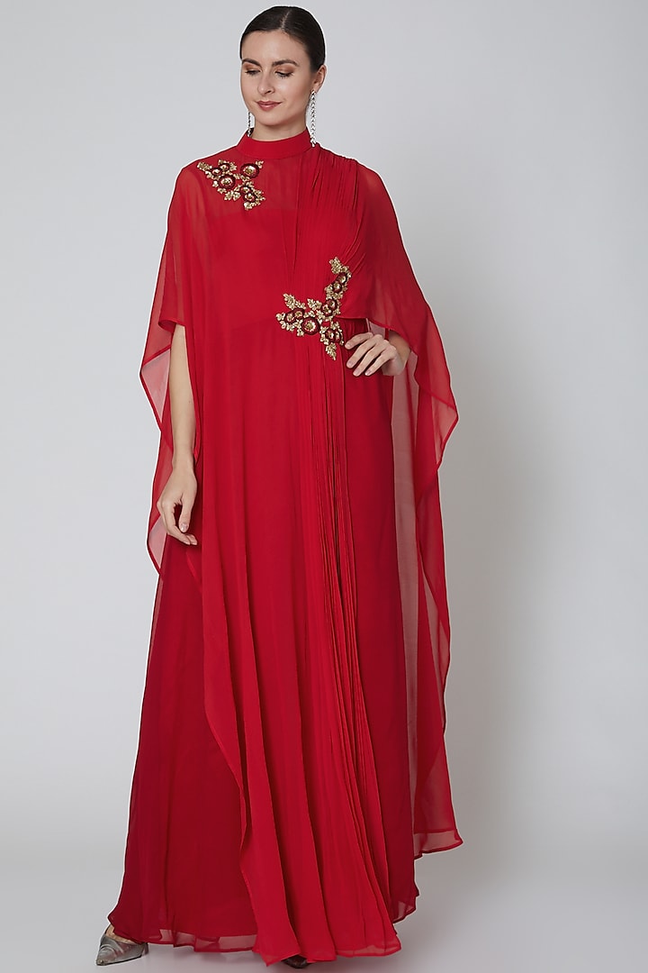 Red Embroidered Saree Gown by Elena Singh