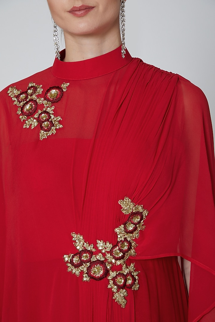 Red Embroidered Saree Party Wear Gown by Elena Singh at Pernia's Pop Up Shop