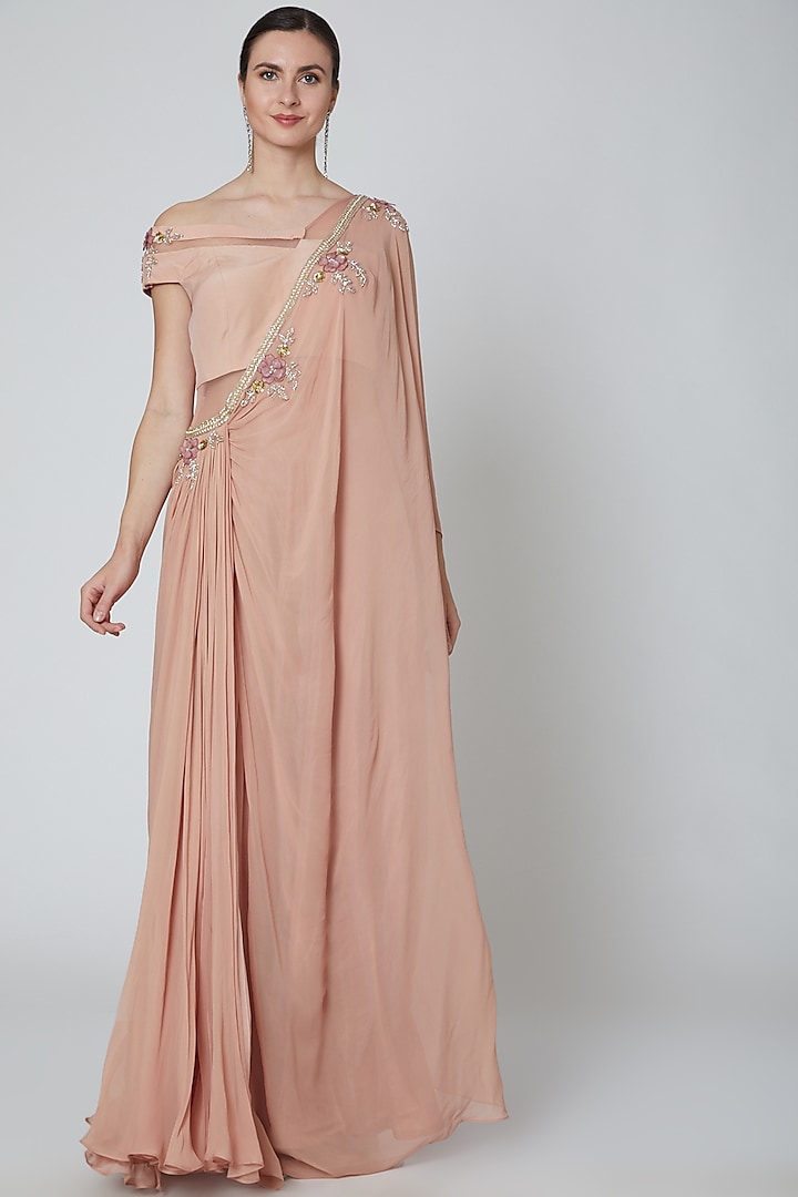 Dusky Rose Embellished Saree Gown by Elena Singh