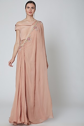 Dusky Rose Embellished Saree Gown by Elena Singh