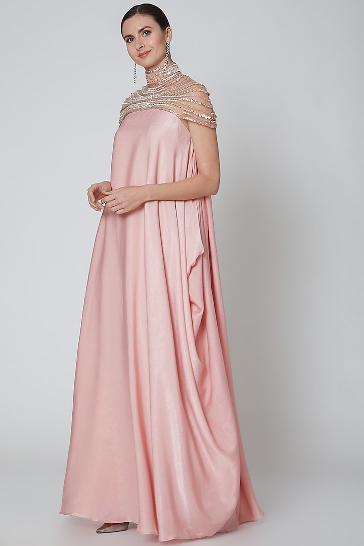 Rose Pink Embeliished Draped Gown by Elena Singh
