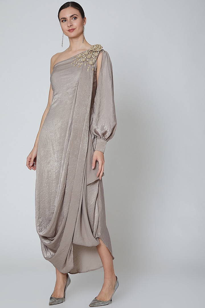 Pastel Brown Embroidered Draped Dress by Elena Singh