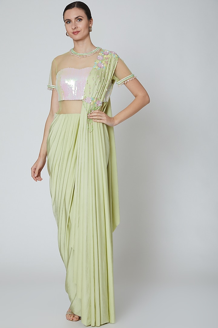 Pastel Green Embellished Pre Stitched Saree by Elena Singh