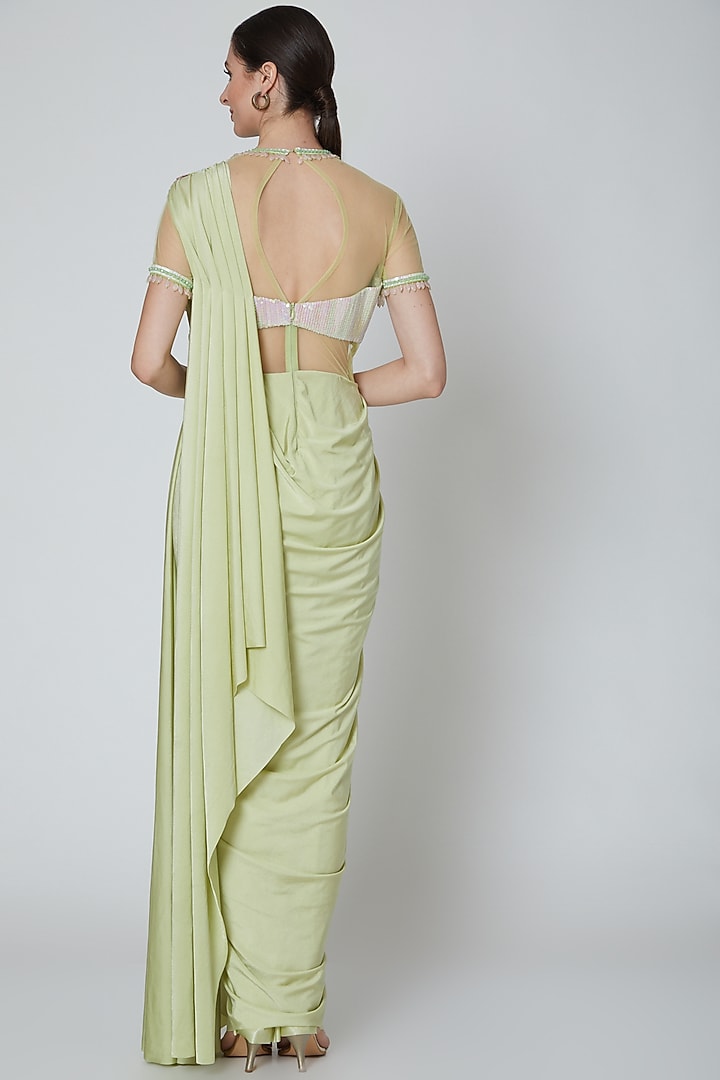 Pastel Green Embellished Pre Stitched Party Wear Saree by Elena Singh at Pernia's Pop Up Shop