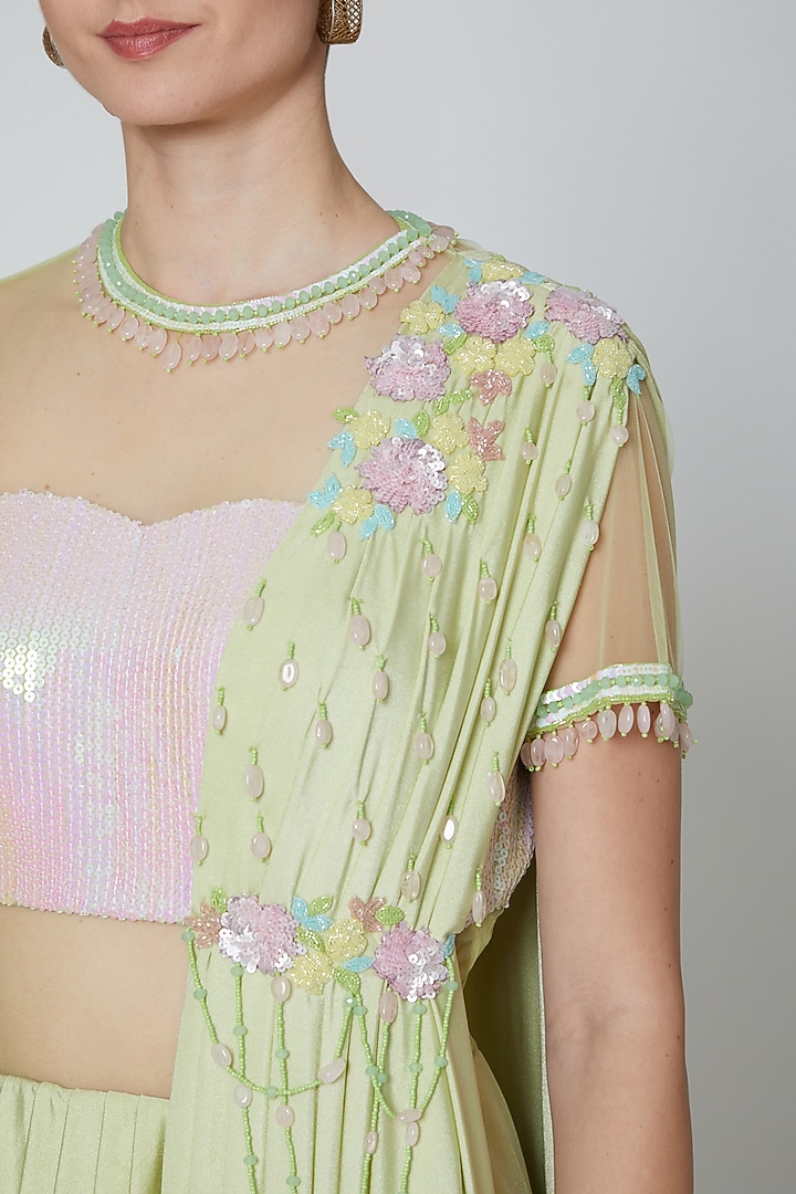 Pastel Green Embellished Pre Stitched Party Wear Saree by Elena Singh at Pernia's Pop Up Shop