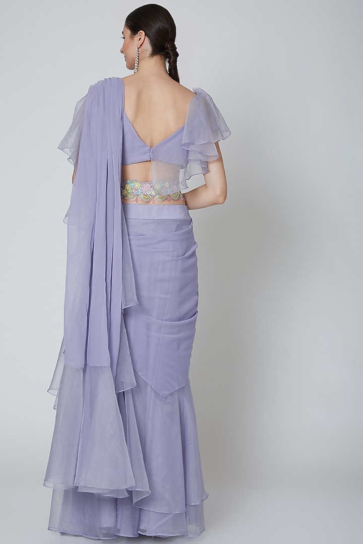 Mauve Organza Ruffled Party Wear Saree Set by Elena Singh at Pernia's Pop Up Shop