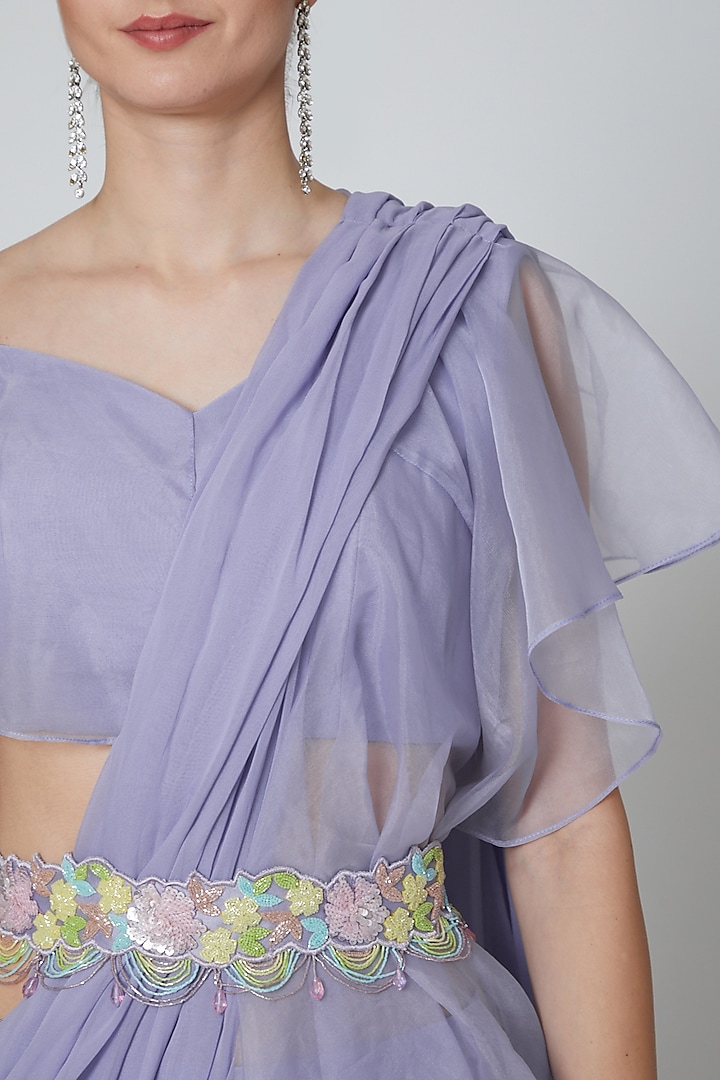 Mauve Organza Ruffled Party Wear Saree Set by Elena Singh at Pernia's Pop Up Shop