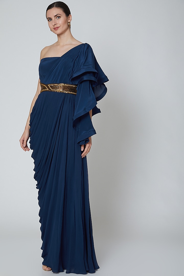 Navy Blue Embroidered & Draped Saree Gown by Elena Singh
