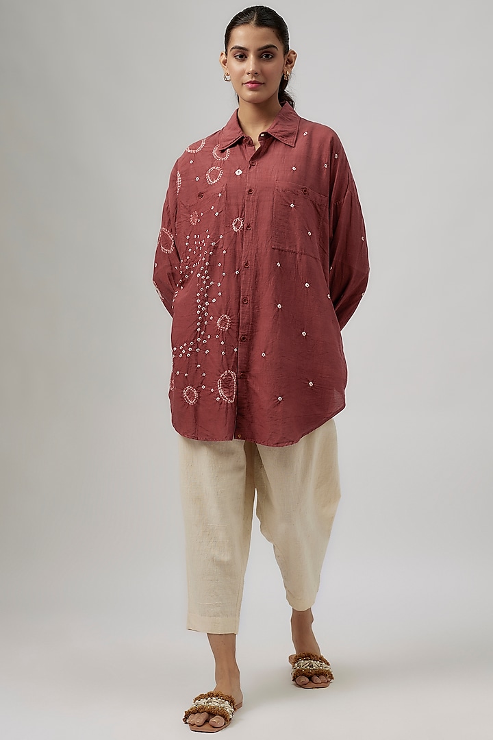 Red Cotton Silk Bandhani Motif Shirt by 11.11 / eleven eleven at Pernia's Pop Up Shop