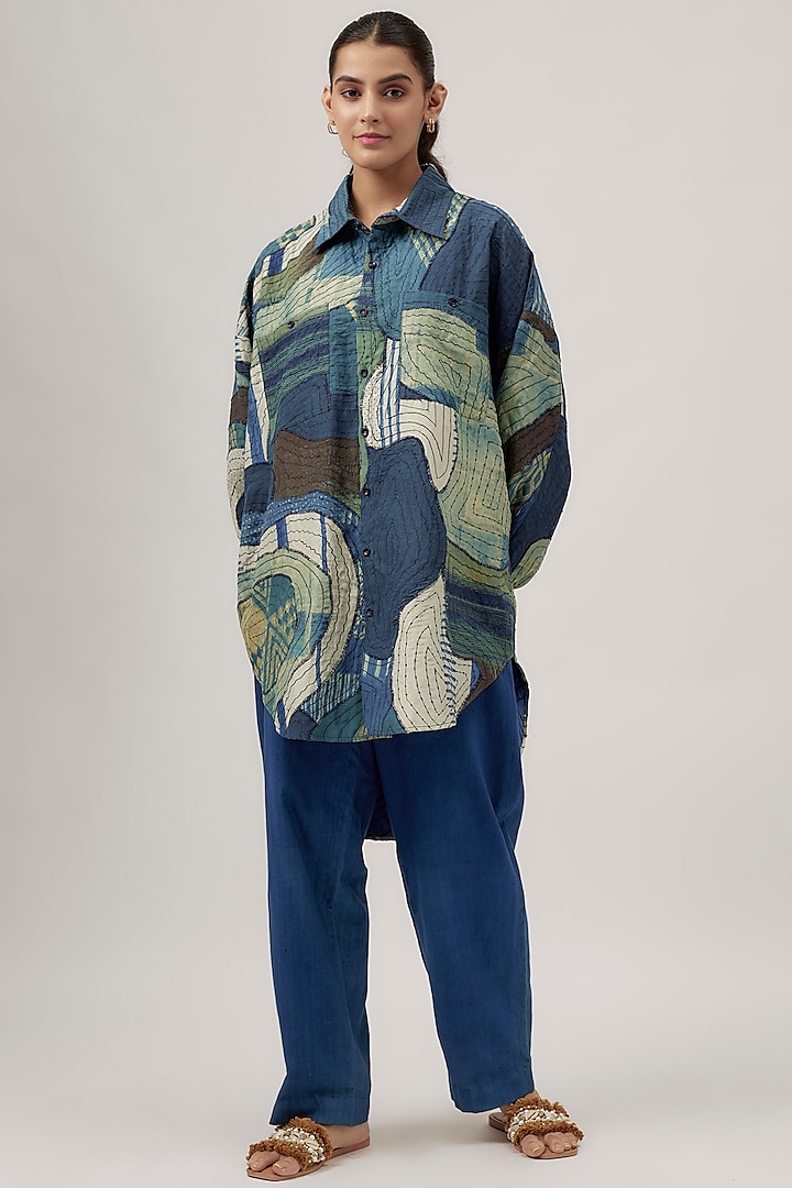 Indigo Silk Block Printed Quilted Shirt by 11.11 / eleven eleven at Pernia's Pop Up Shop