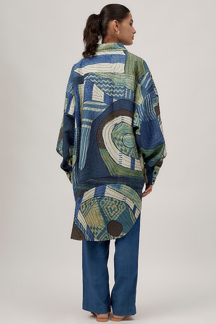 Indigo Silk Block Printed Quilted Shirt by 11.11 / eleven eleven at Pernia's Pop Up Shop