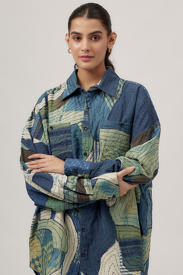 Indigo Silk Block Printed Quilted Shirt by 11.11 / eleven eleven at Pernia's Pop Up Shop