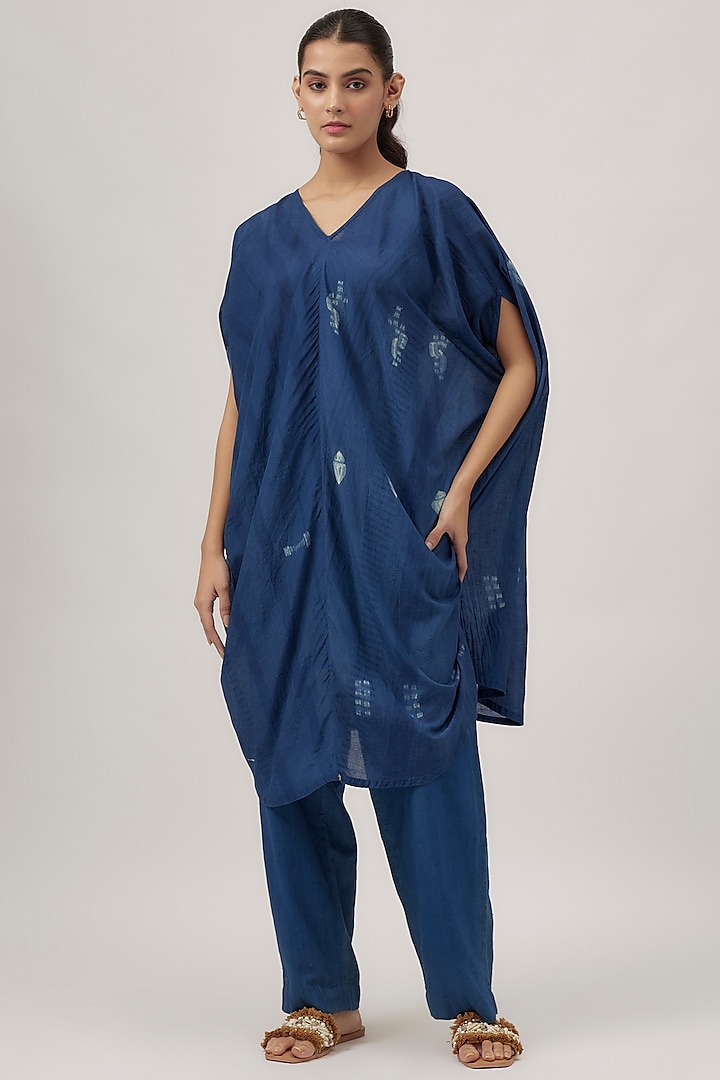 Indigo Handwoven Cotton Motif Block Printed Kaftan by 11.11 / eleven eleven at Pernia's Pop Up Shop