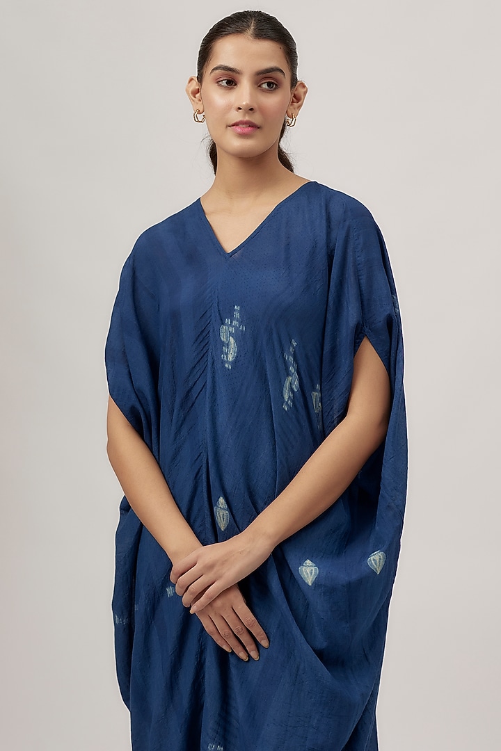 Indigo Handwoven Cotton Motif Block Printed Kaftan by 11.11 / eleven eleven at Pernia's Pop Up Shop