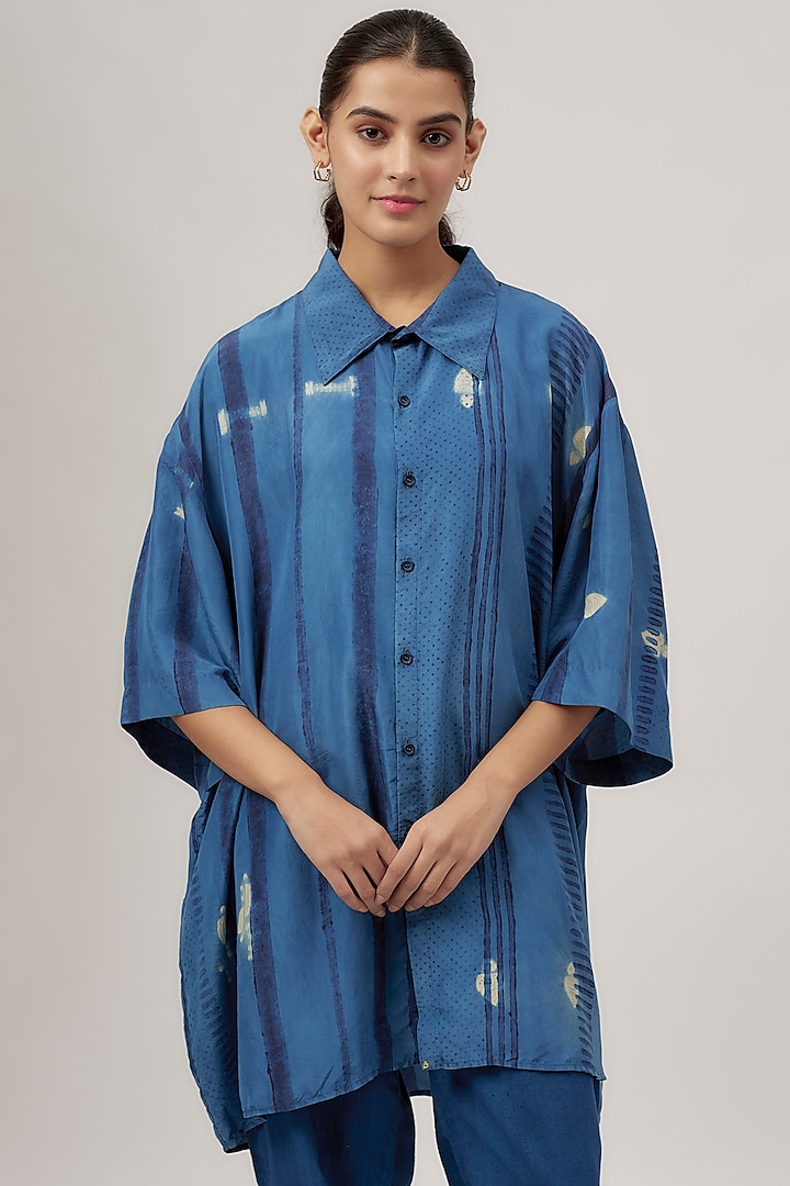 Indigo Fine Silk Block Shibori Printed Oversized Shirt by 11.11 / eleven eleven at Pernia's Pop Up Shop