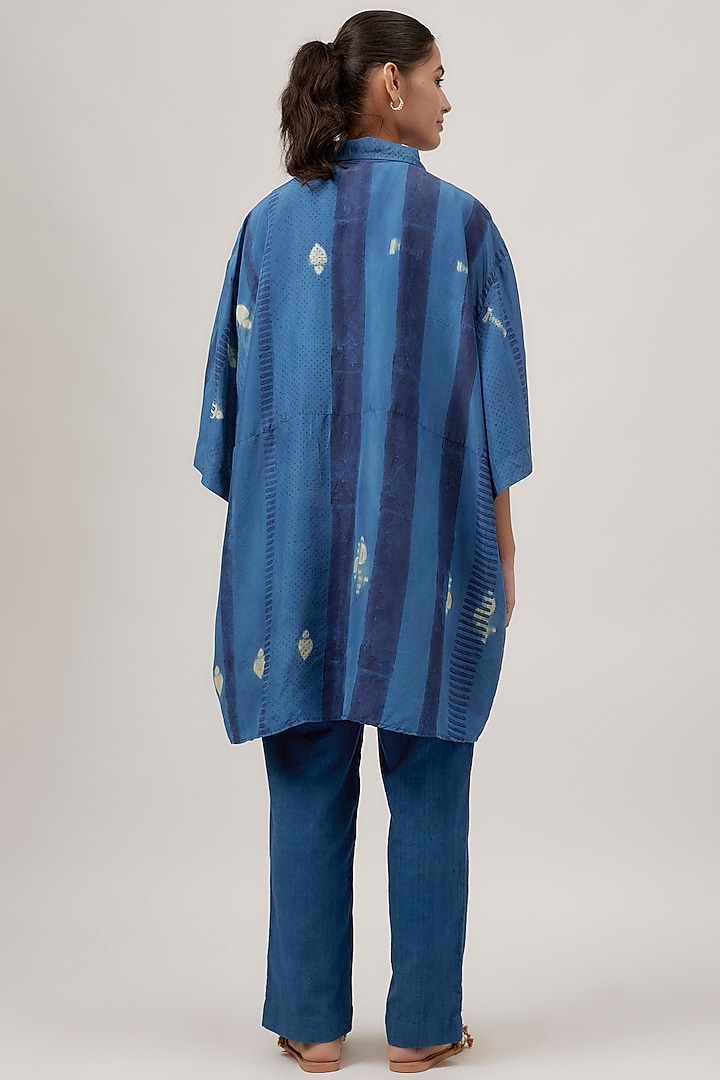 Indigo Fine Silk Block Shibori Printed Oversized Shirt by 11.11 / eleven eleven at Pernia's Pop Up Shop