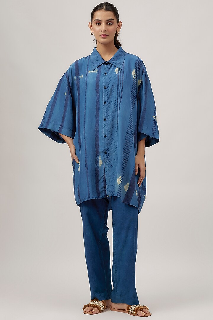 Indigo Fine Silk Block Shibori Printed Oversized Shirt by 11.11 / eleven eleven at Pernia's Pop Up Shop