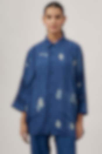 Indigo Fine Silk Shibori Block Printed Shirt by 11.11 / eleven eleven at Pernia's Pop Up Shop