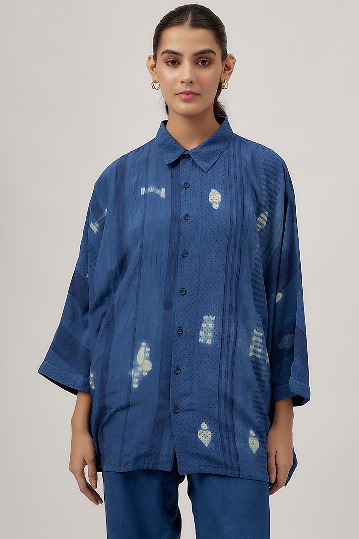 Indigo Fine Silk Shibori Block Printed Shirt by 11.11 / eleven eleven at Pernia's Pop Up Shop