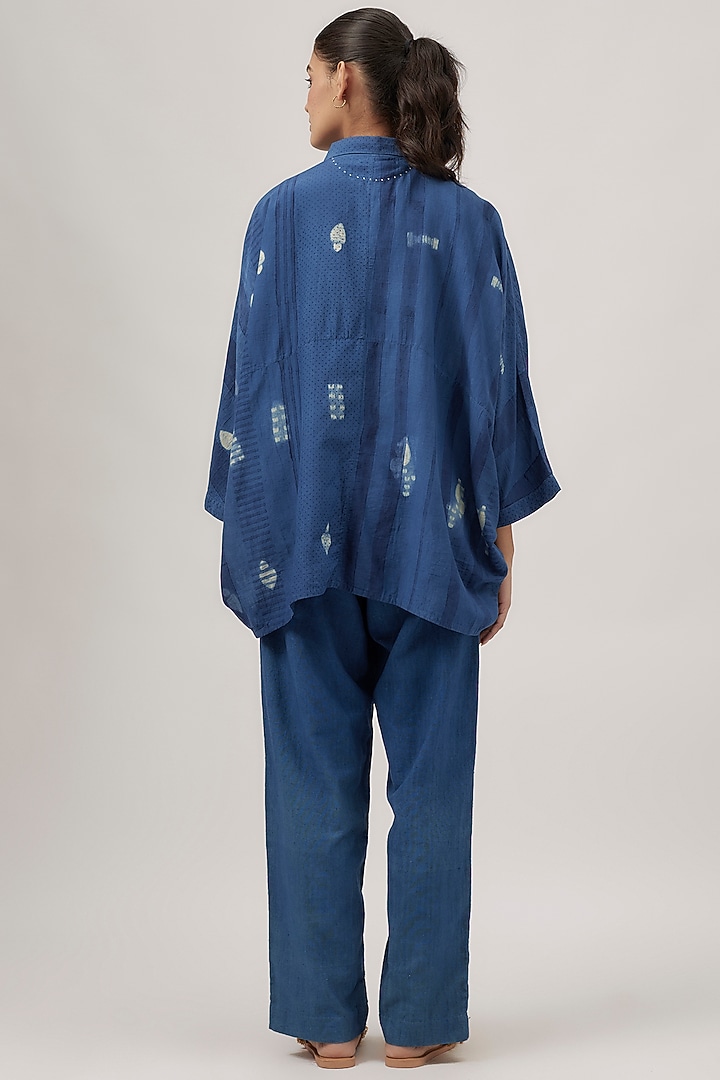 Indigo Fine Silk Shibori Block Printed Shirt by 11.11 / eleven eleven at Pernia's Pop Up Shop