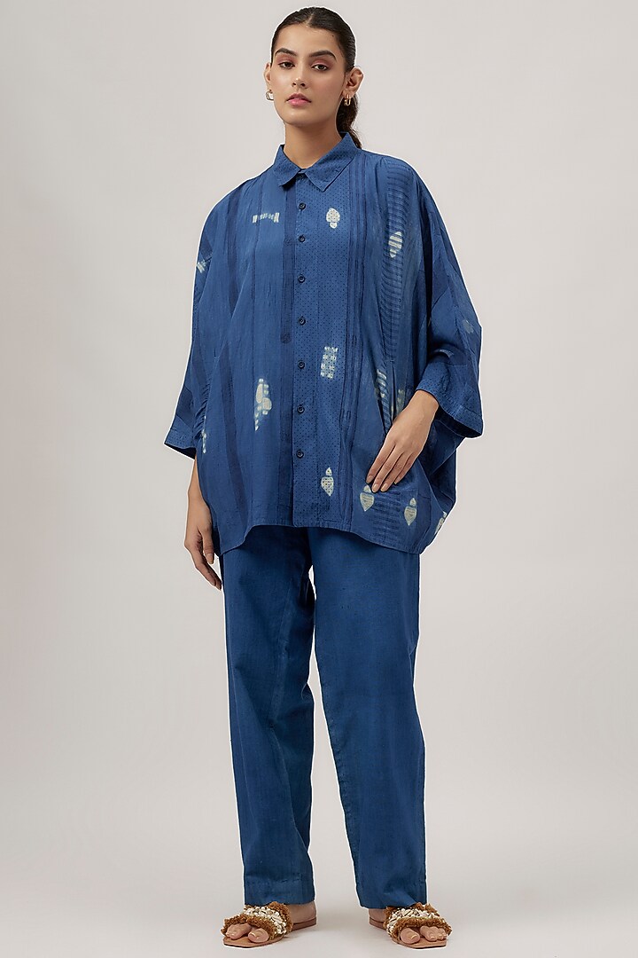 Indigo Fine Silk Shibori Block Printed Shirt by 11.11 / eleven eleven at Pernia's Pop Up Shop