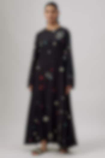 Black Fine Silk Bandhani-Dyed Maxi Flared Dress by 11.11 / eleven eleven