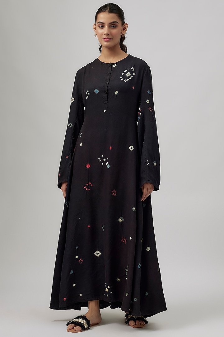 Black Fine Silk Bandhani-Dyed Maxi Flared Dress by 11.11 / eleven eleven