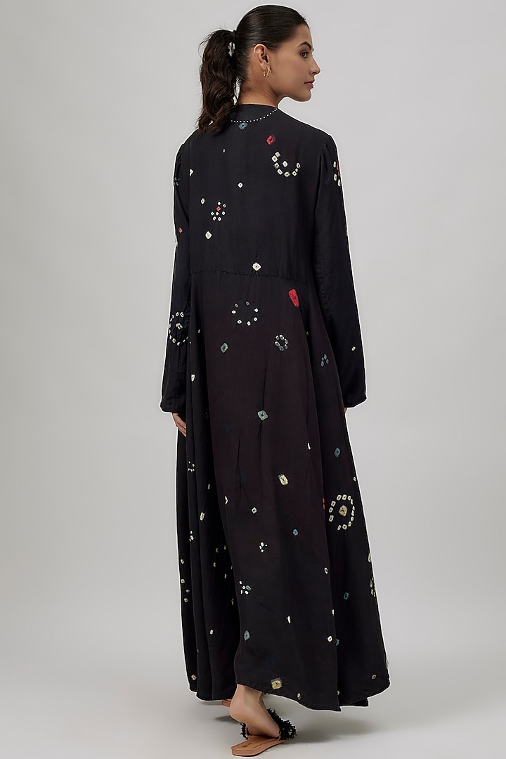 Black Fine Silk Bandhani-Dyed Maxi Flared Party Wear Dress by 11.11 / eleven eleven at Pernia's Pop Up Shop