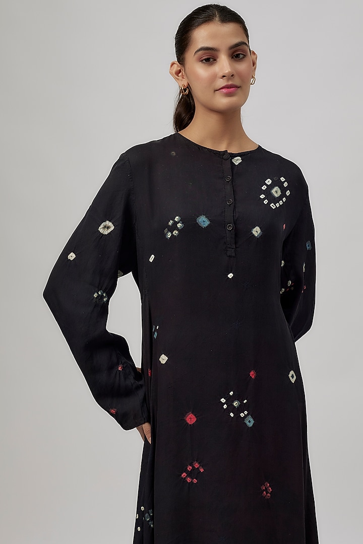 Black Fine Silk Bandhani-Dyed Maxi Flared Party Wear Dress by 11.11 / eleven eleven at Pernia's Pop Up Shop