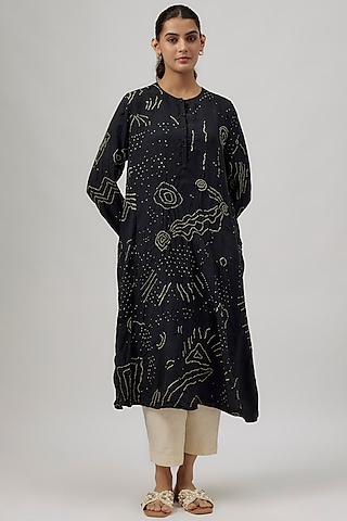 Black Silk Bandhani-Dyed Oversized Dress by 11.11 / eleven eleven