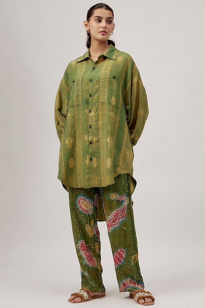 Green Silk Shibori-Dyed Shirt by 11.11 / eleven eleven at Pernia's Pop Up Shop