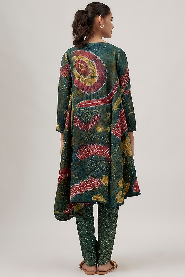Green Fine Silk Bandhani-Dyed Asymmetrical Party Wear Dress by 11.11 / eleven eleven at Pernia's Pop Up Shop