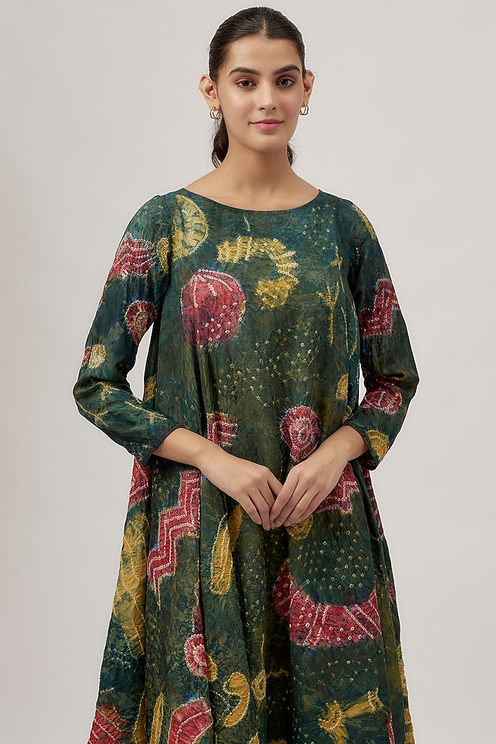 Green Fine Silk Bandhani-Dyed Asymmetrical Party Wear Dress by 11.11 / eleven eleven at Pernia's Pop Up Shop