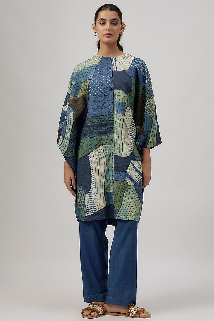 Indigo Blue Silk Block Printed Quilted Dress by 11.11 / eleven eleven at Pernia's Pop Up Shop