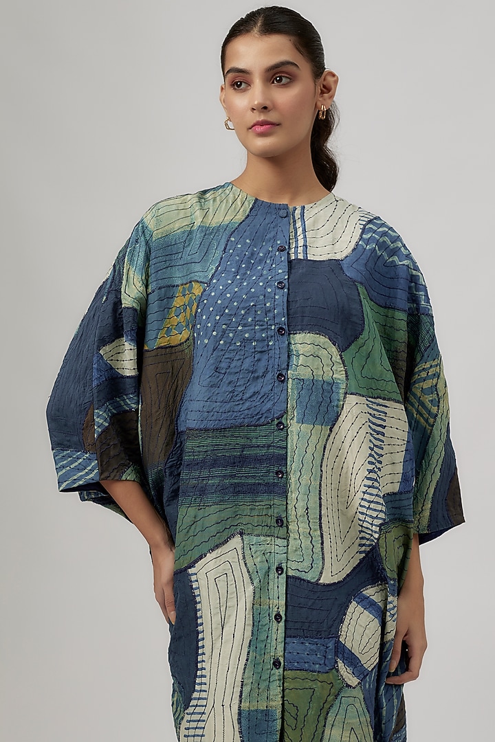 Indigo Blue Silk Block Printed Quilted Cocktail Dress by 11.11 / eleven eleven at Pernia's Pop Up Shop
