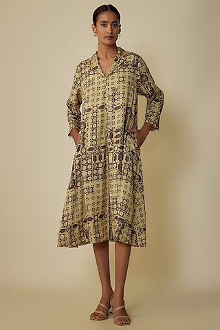 Whiskey Gold Silk Screen Printed Draped Dress by 11.11 / eleven eleven