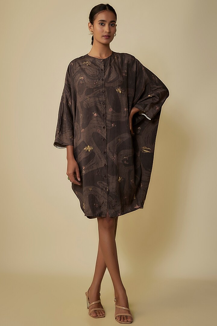 Black Fine Silk Screen Printed Kaftan Cocktail Dress by 11.11 / eleven eleven at Pernia's Pop Up Shop