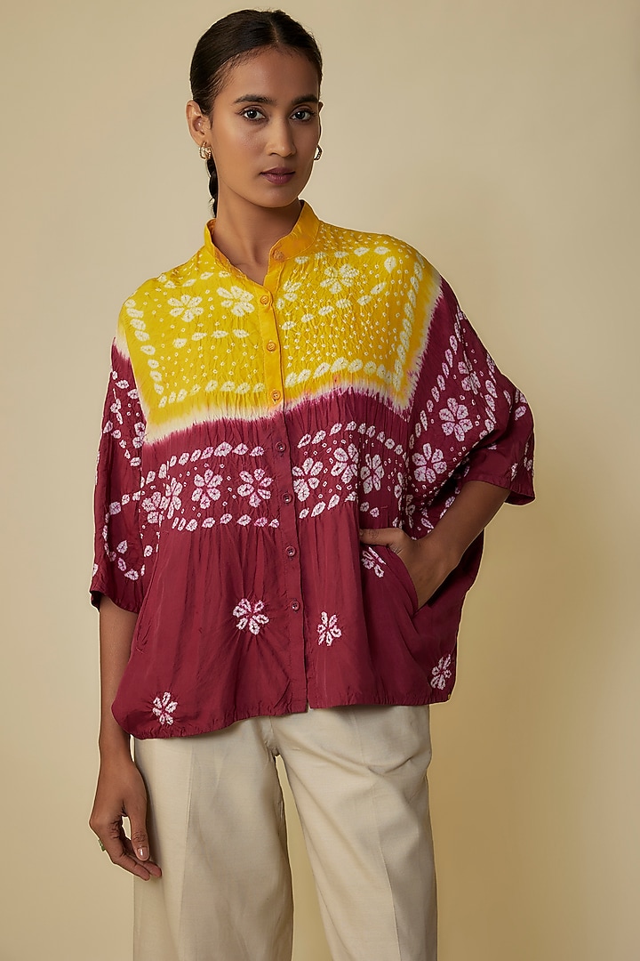 Multi-Colored Fine Silk Bandhani Artwork Shirt by 11.11 / eleven eleven at Pernia's Pop Up Shop