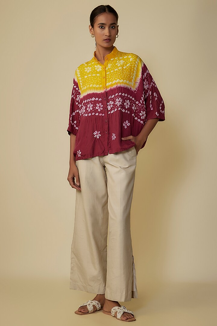 Multi-Colored Fine Silk Bandhani Artwork Shirt by 11.11 / eleven eleven at Pernia's Pop Up Shop