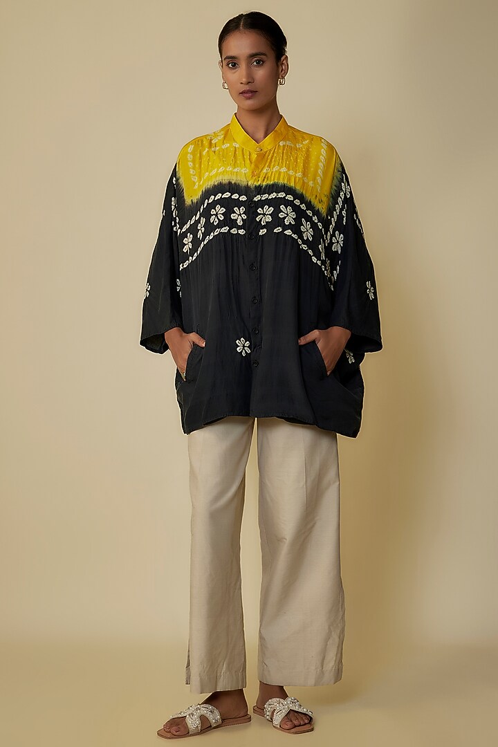 Multi-Colored Cotton & Silk Blend Bandhani Artwork Shirt by 11.11 / eleven eleven at Pernia's Pop Up Shop