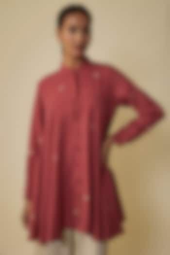 Crimson Pink Fine Silk Hand Embroidered Flared Top by 11.11 / eleven eleven at Pernia's Pop Up Shop