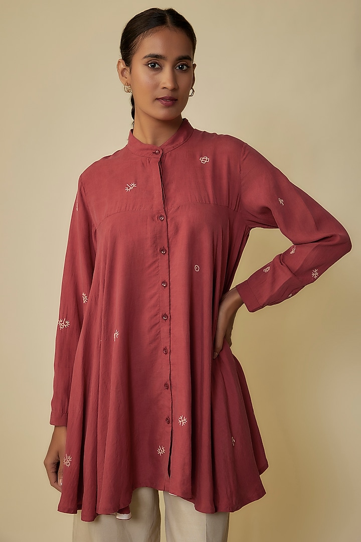 Crimson Pink Fine Silk Hand Embroidered Flared Top by 11.11 / eleven eleven at Pernia's Pop Up Shop