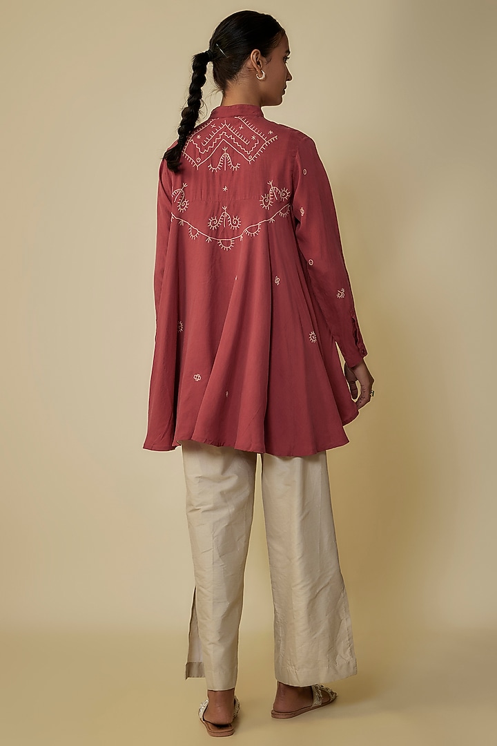 Crimson Pink Fine Silk Hand Embroidered Flared Top by 11.11 / eleven eleven at Pernia's Pop Up Shop