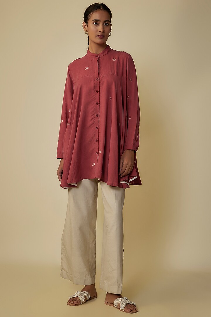 Crimson Pink Fine Silk Hand Embroidered Flared Top by 11.11 / eleven eleven at Pernia's Pop Up Shop