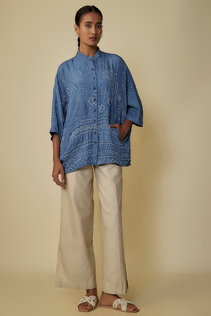 Medium Indigo Fine Silk Shirt by 11.11 / eleven eleven at Pernia's Pop Up Shop