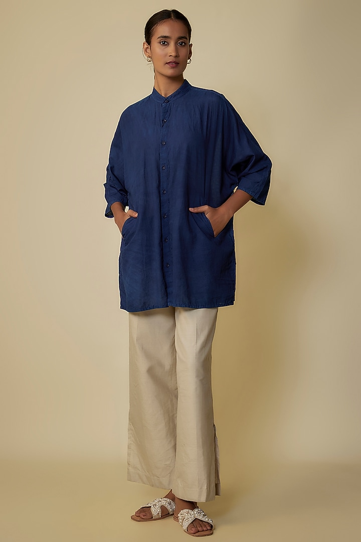 Medium Indigo Handspun Cotton Bandhani Shirt by 11.11 / eleven eleven at Pernia's Pop Up Shop