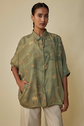 Leaf Green Cotton Silk Blend Screen Printed Shirt by 11.11 / eleven eleven